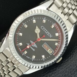 Vintage 1974 Citizen Automatic Mens Silver Watch W/daydate & Red accents
